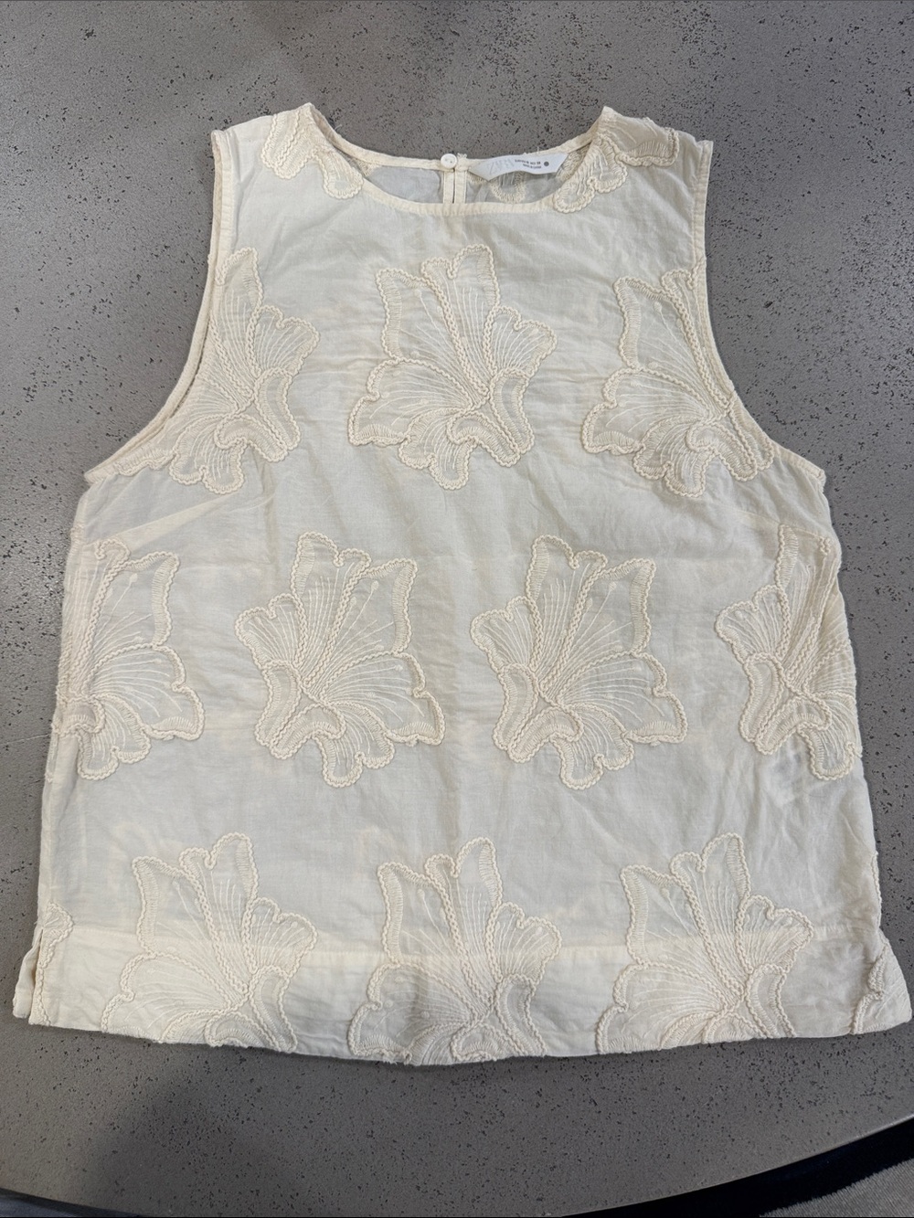 Zara Cream Sleeveless Embroidered Linen-Blend Top